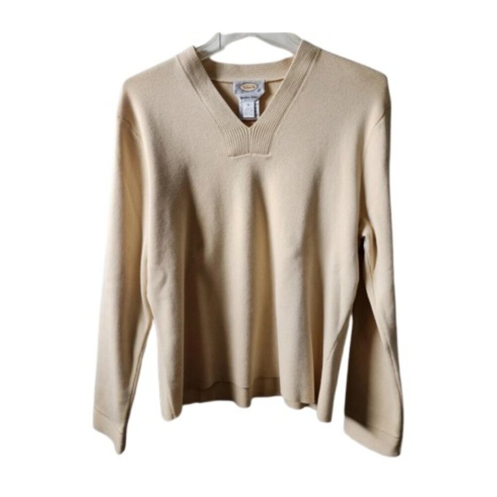 Talbots Petite Cream Yellow V-Neck Egyptian Cotton Ribbed Sweater  Knit Top- EUC